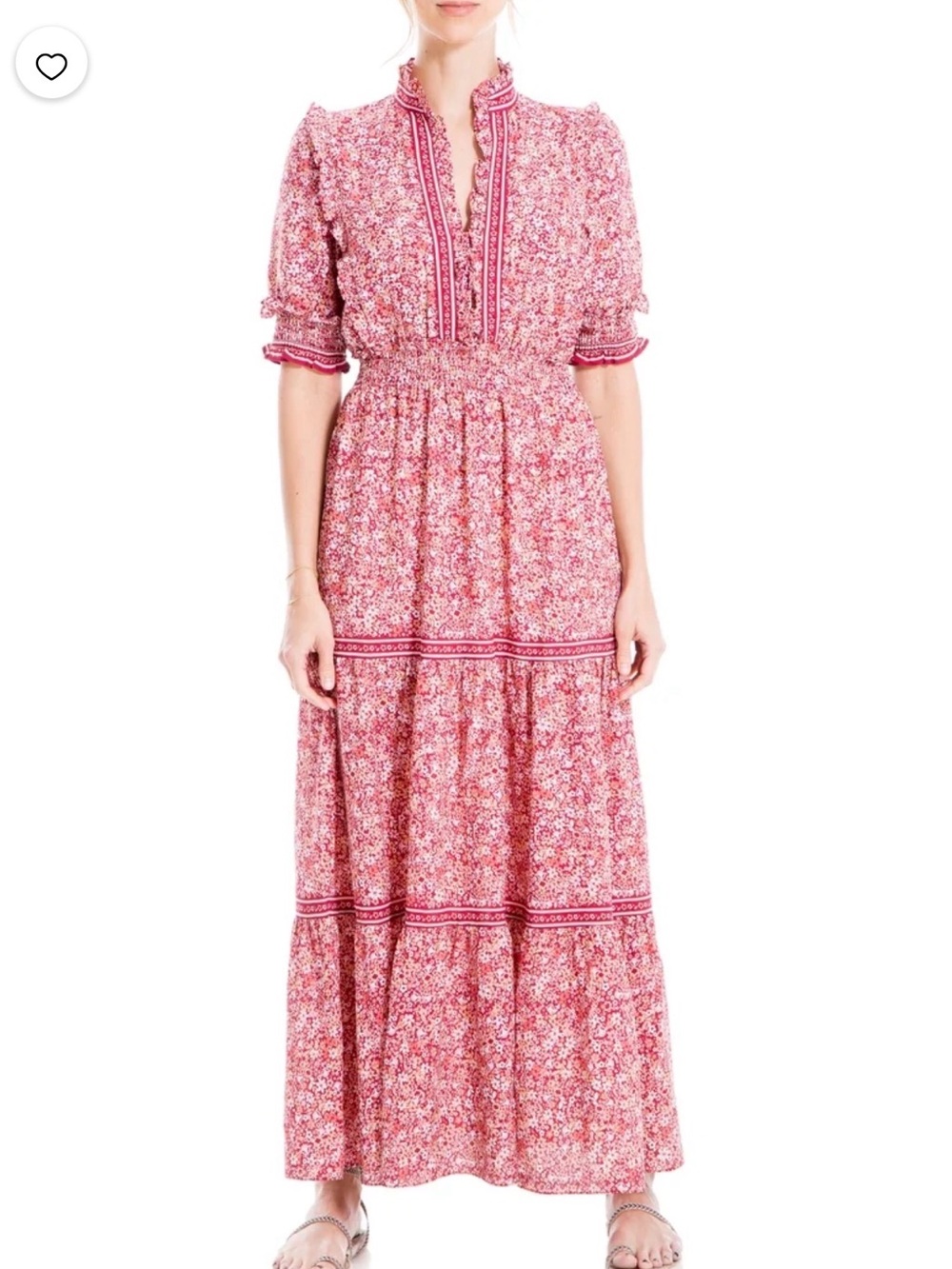 Max Studio Coral-Red Floral Tiered Maxi Dress- Size L